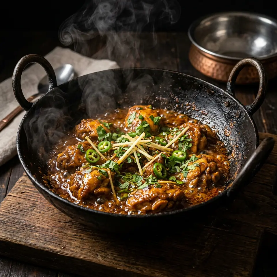 Chicken karahi in a black iron wok with ginger and green chilies
