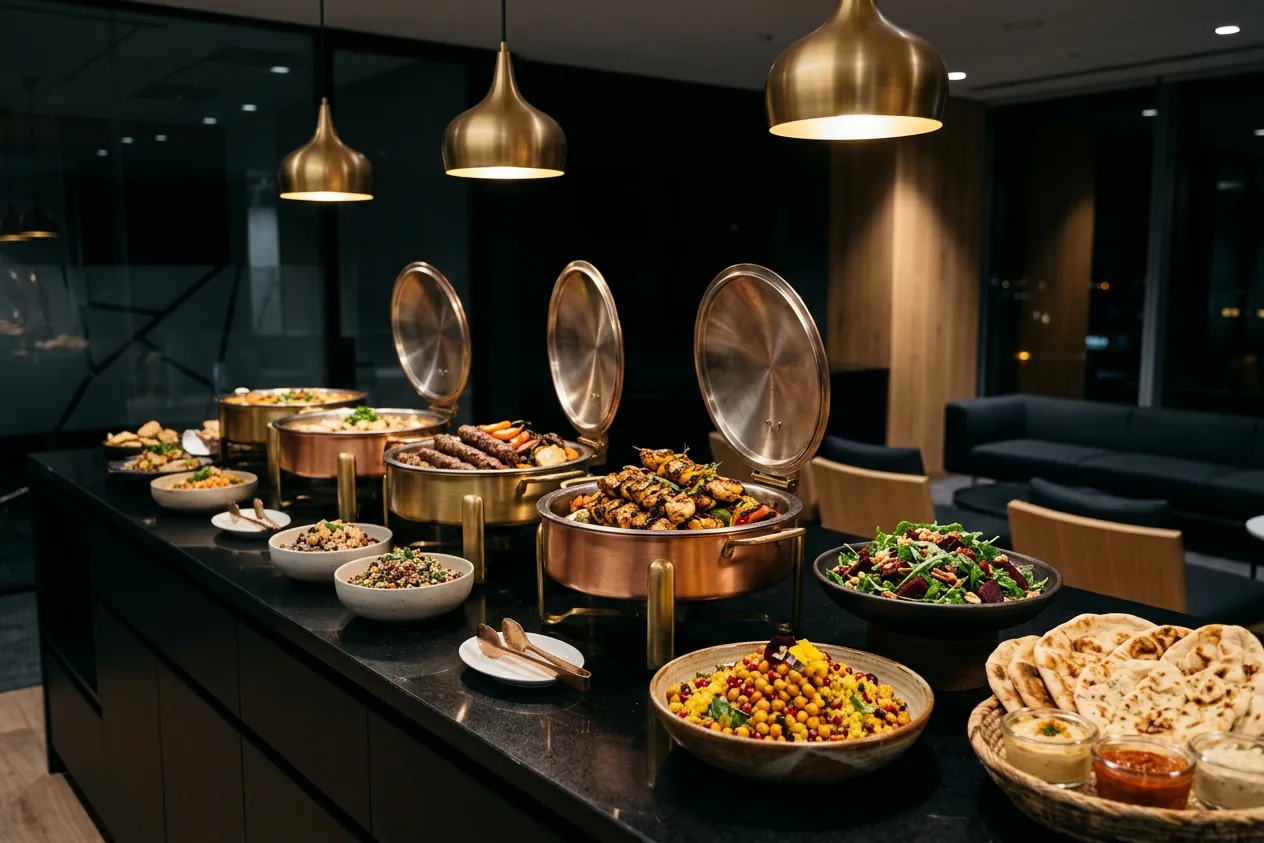 Brushed-brass chafing dishes with grain bowls and kebabs in a modern executive lounge