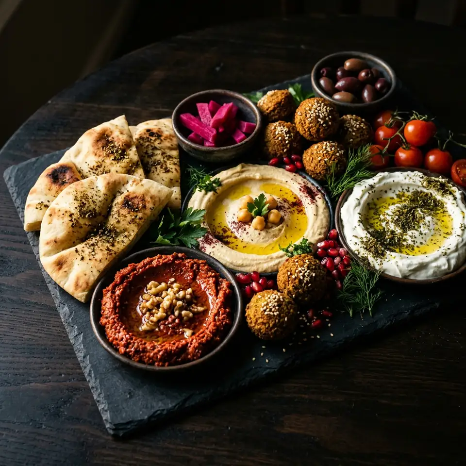 Mezze platter of hummus, muhammara, labneh, falafel and warm pita