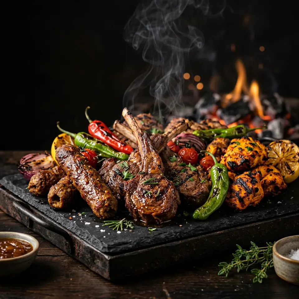 Charcoal mixed grill of lamb chops, seekh kebab and chicken tikka