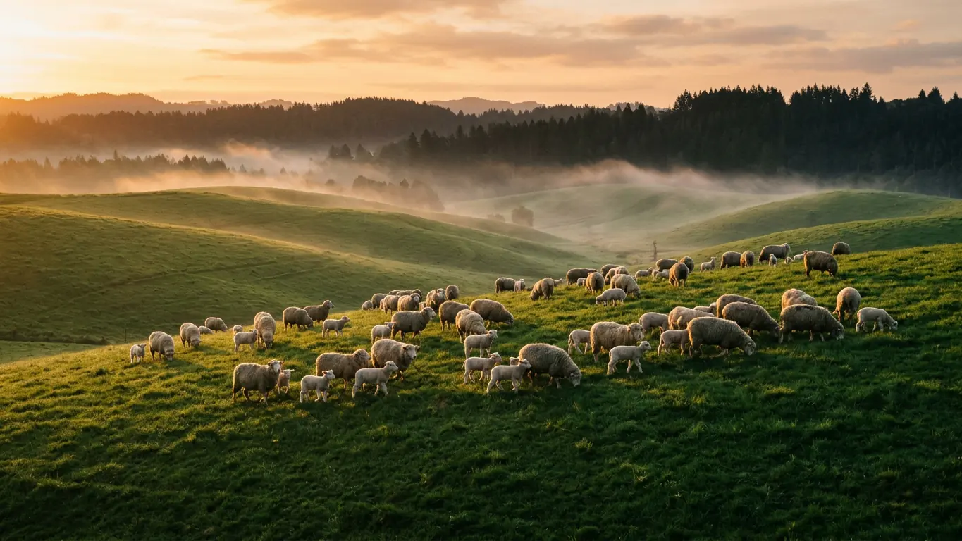 Lambs grazing on a misty American pasture at golden hour