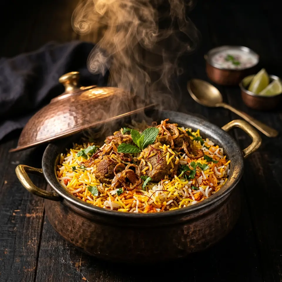 Saffron lamb biryani with fried onions and mint