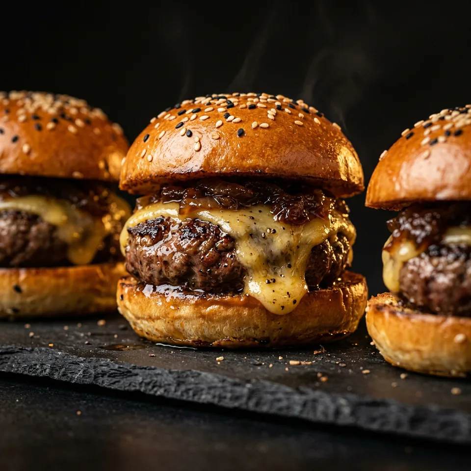 Three halal wagyu sliders with aged cheddar and caramelised onions